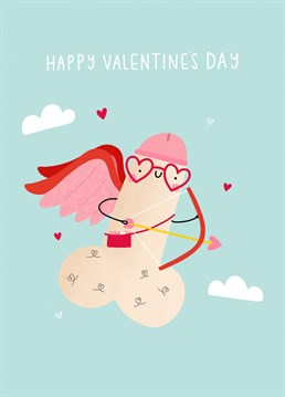 surprise your crush on valentine's day with this hilariously rude card featuring a little phallic friend dressed as cupid himself, firing love heart arrows. Designed by Jess Moorhouse