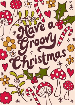 Send this retro 70's inspired card to wish your loved one a groovy Christmas! This trendy illustration by Jessiemaeve Studio features hand drawn lettering, mushrooms and candy canes.