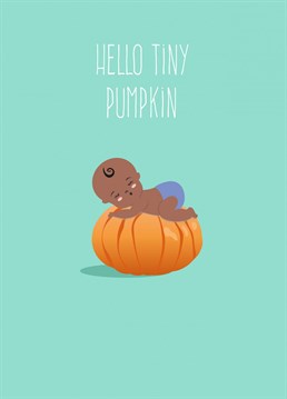 The perfect card for a new Autumn baby. This cute illustration by Jessiemaeve Studio features a tiny baby asleep on a pumpkin.