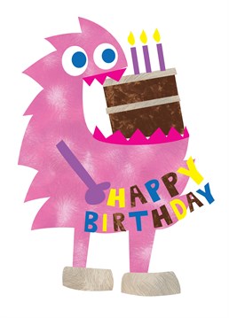 Cake Monster Happy Birthday card by Belinda Reynell Designs. Birthday card for the monstrous and cake-loving!