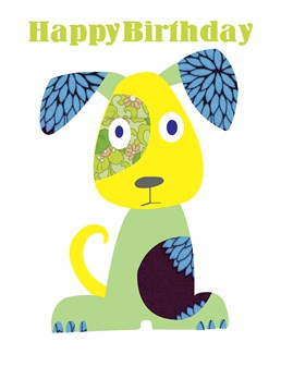Birthday Puppy Green Blue card by Belinda Reynell Designs. Send this cheery patterned dog to wish your loved one a happy birthday!