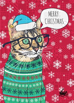 Cute tabby in a lovely Christmas jumper wearing specs and a Santa hat. So traditional it's almost boring. Card designed by Rose Hill.