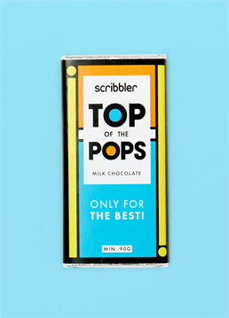 <p>This Top of the Pops chocolate bar makes the perfect punny Father's Day gift!</p>
<p>Show Dad your appreciation this year with this very tasty treat designed by our very own Scribbler designers</p>
<p>Ingredients: Colombian Milk Chocolate (min. cocoa solids 45%, min. milk solids 20%)<br />
(sugar, cocoa butter, milk powder, cocoa mass, emulsifier: soya lecithin, vanilla extract).<br />
<br />
For allergens, see ingredients above. May also contain nuts and oats.</p>
