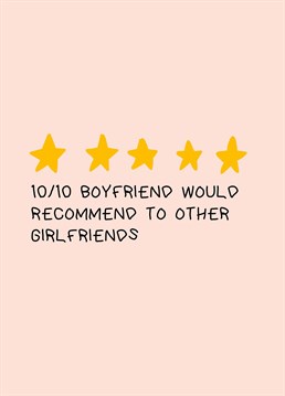 Send highest praise to your boyfriend and thank him for the five star service with this funny Scribbler card perfect for a birthday or anniversary.