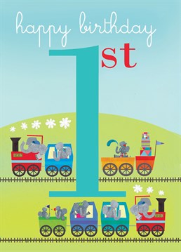 A Birthday card full of choo choo trains is the perfect Square Birthday card Company offering for any one-year-old.