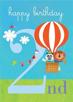 Which two-year-old would not love an air balloon ride with this cute panda and lion? A delightful Birthday card from Square Birthday card Company.