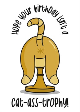 This funny cat birthday card features a cat ass trophy and the phrase "Hope Your Birthday Isn't a Cat - Ass - Trophy!"    Ideal for a cat owners birthday, this card is sure to make your recipient laugh and smile.